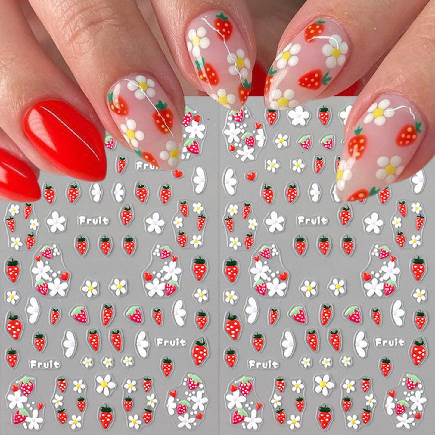 5 Sheets Autumn Winter Flower Nail Art Stickers 3D Self-Adhesive Nails Stickers Floral Strawberry Daisy Pattern French Tip Design Wine Red Brown Blue Gold 3D Decals Women DIY Nail Art Decoration