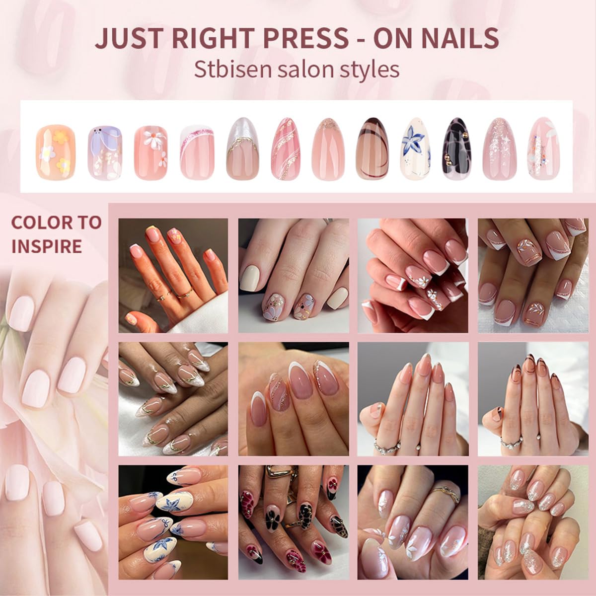 French Short Press On Nails coffin, Nude Fake Nails with Green French Tip and Graceful White Floral Petal Design, Glossy Gel Finish Acrylic Nails, Natural Reusable Glue On Nails Kit for Women, 24 Pcs