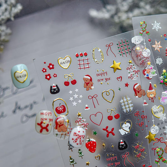 Christmas Nail Art Stickers 5D Embossed Xmas Cute Bear Nail Stickers Strawberry Xmas Light Xmas