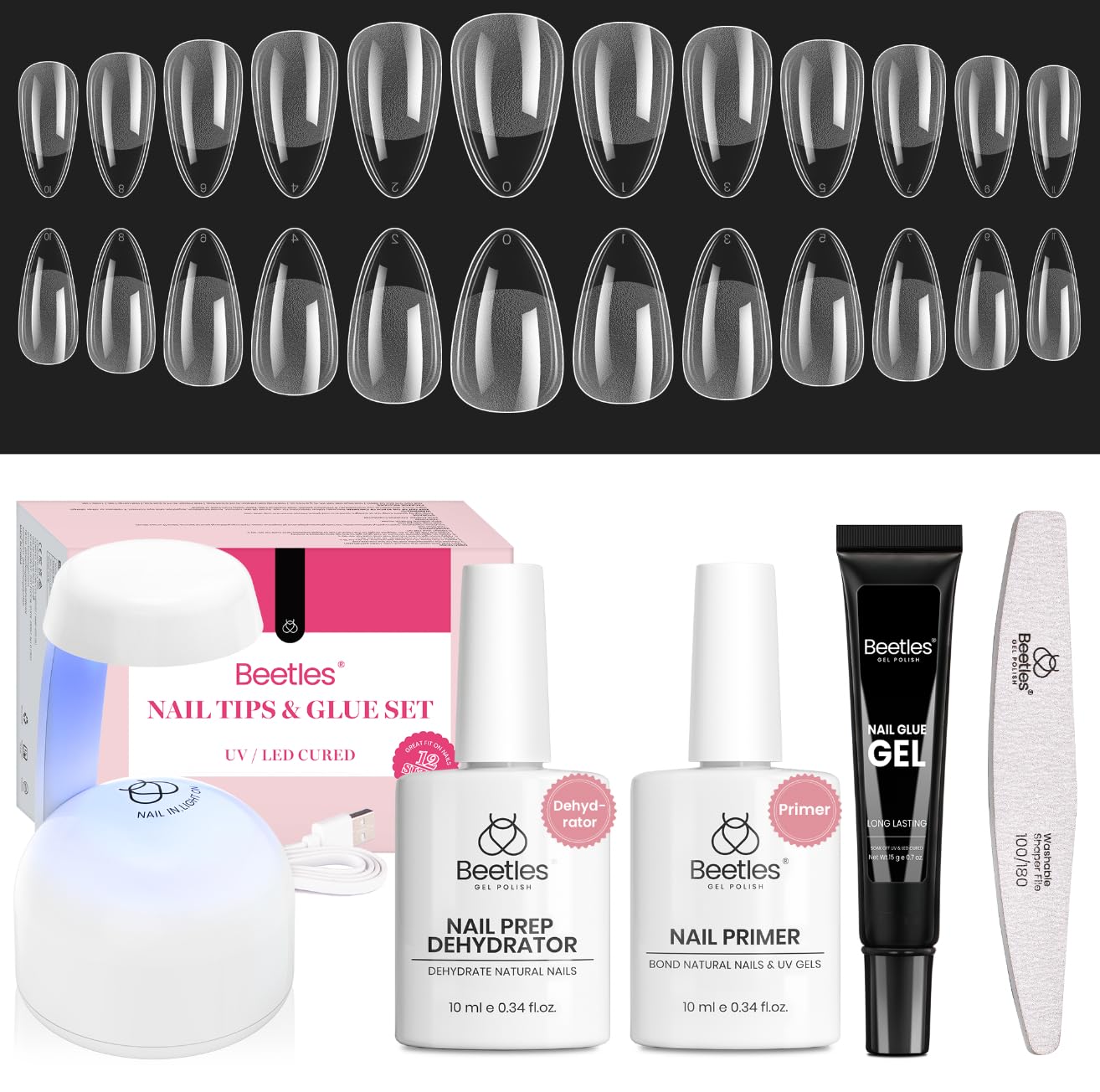 Beetles Gel Nail Kit Short Almond with Nail Dehydrator and Primer, 576Pcs Half Matte Etch-X Gel Nail Tips Solid Nail Glue Mini Nail Lamp Acrylic Nail Tips Easy DIY Nail Extension Set Gift for Women