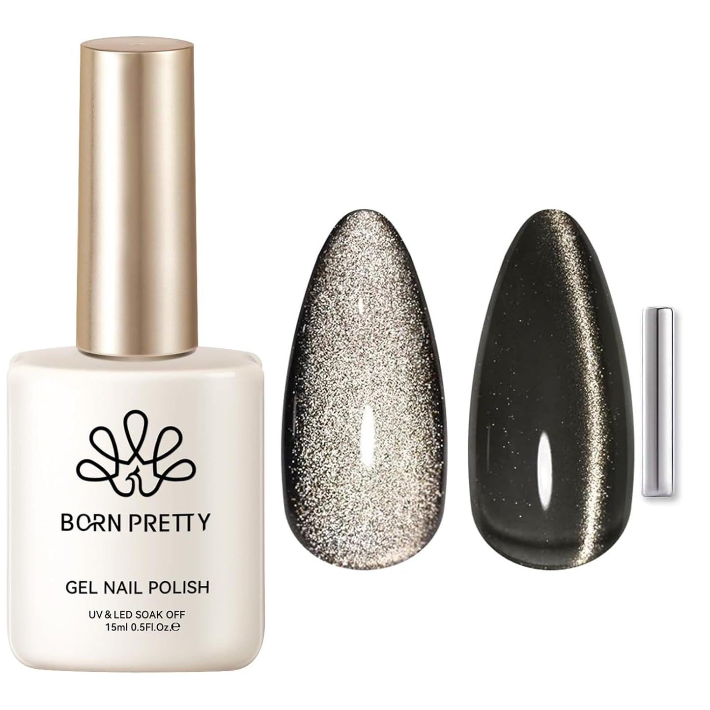 Born Pretty Cat Magnetic Eye Gel Nail Polish, Black Pearl Glitter Cat Magnetic Gel Nail Polish, Holographic Magnetic Nail Polish for Nail Art Manicure Salon DIY at Home 15ML