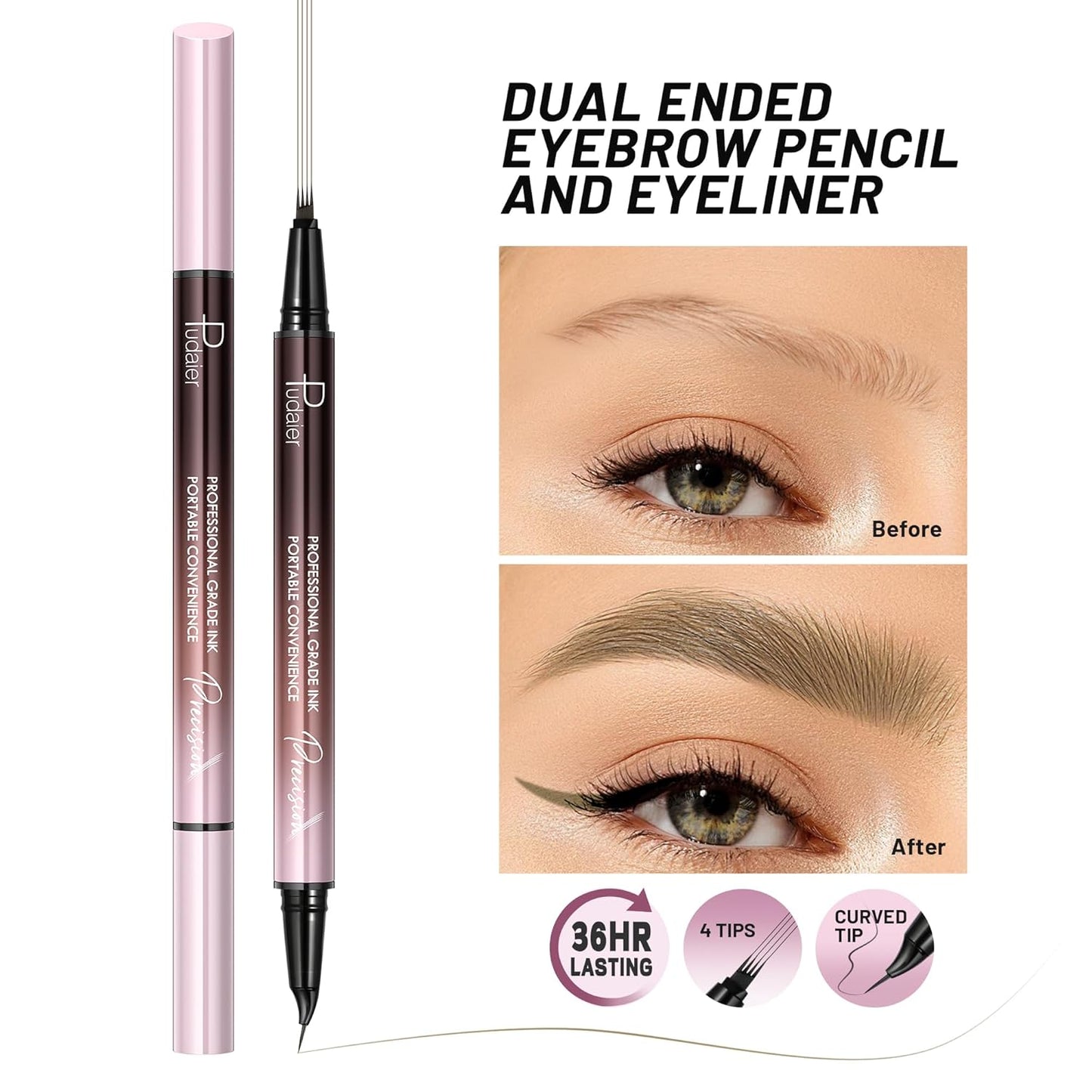 2 Pack Eyebrow Pen, Waterproof Microblading Eyebrow Pencil, 2-in-1 4 Tip Eye Brow Makeup Pen for Women with Precise Curved Brush-Tip Create Natural Hair-Like Brows, Last All-Day (Truffle)