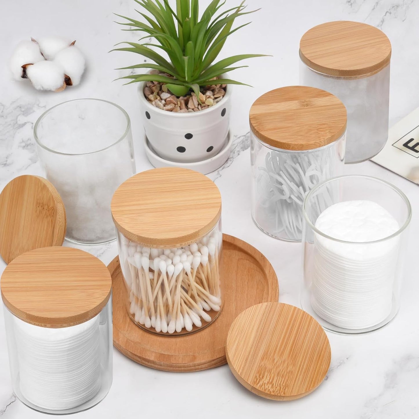 6 Pack Glass Qtip Holder Dispenser Set - Apothecary Jars with Lids for Vanity Makeup Organizer - Bathroom Canister Storage Organizer for Cotton Ball, Cotton Swab, Cotton Round Pads,Floss