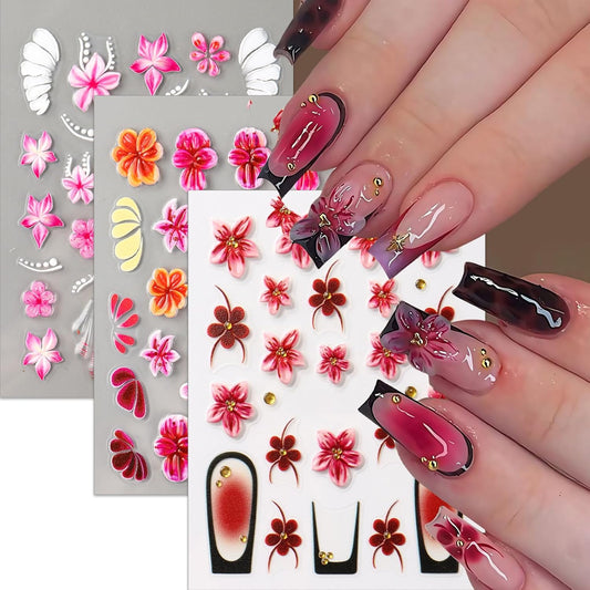 3Sheets 5D Embossed Flowers Nail Art Stickers Self-Adhesive Pink Red Flower Nail Decals Floral