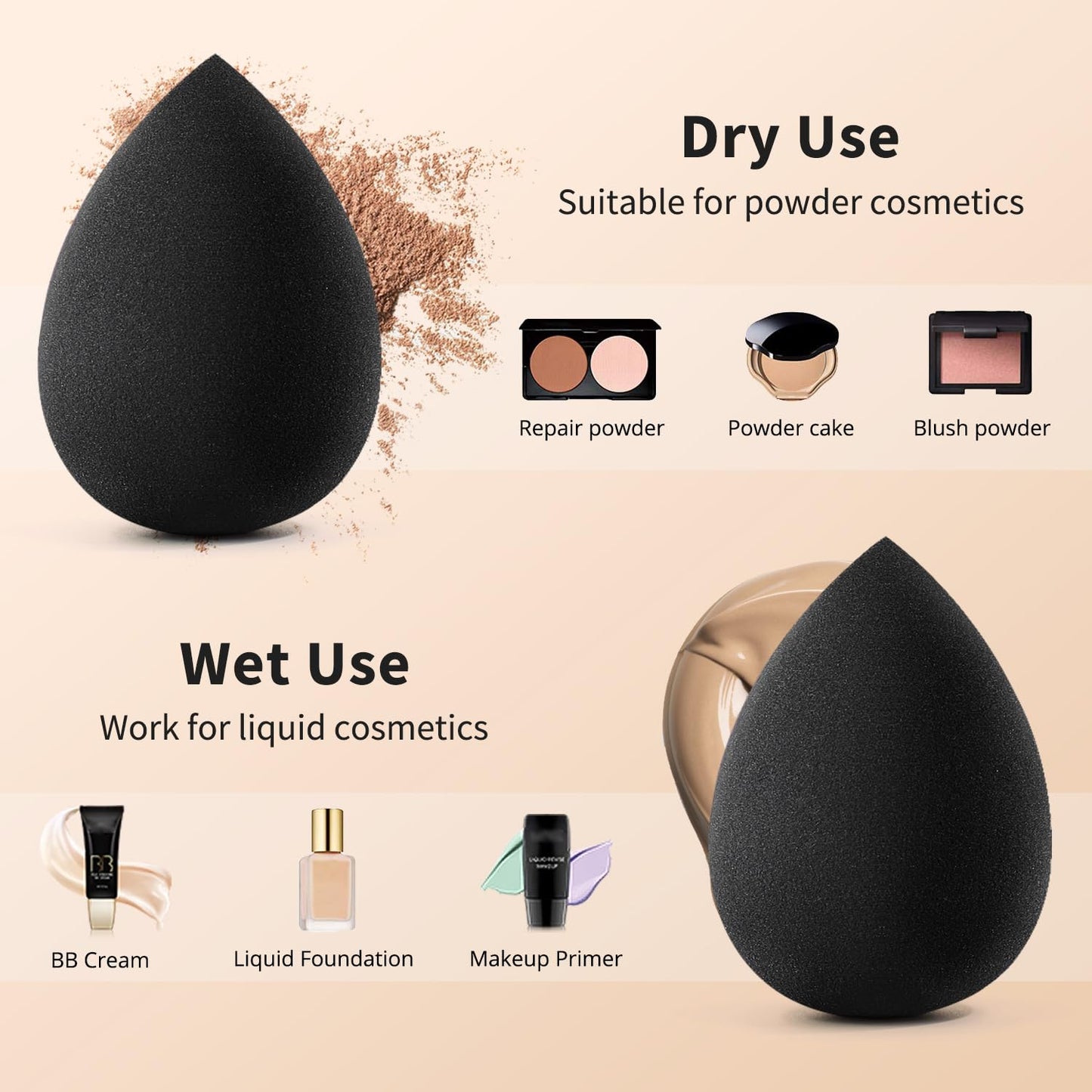 BEAKEY Makeup Sponge Set, 5 Pcs Latex-Free Foundation Beauty Sponges, Black