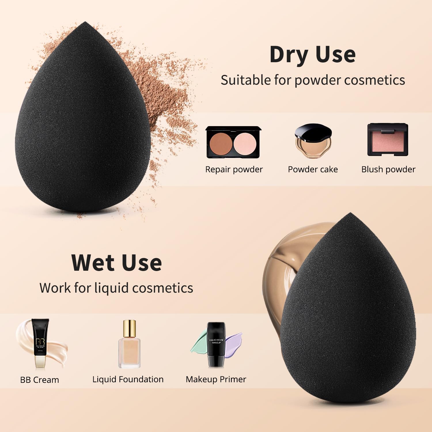 BEAKEY Makeup Sponge Set, 5 Pcs Latex-Free Foundation Beauty Sponges, Black