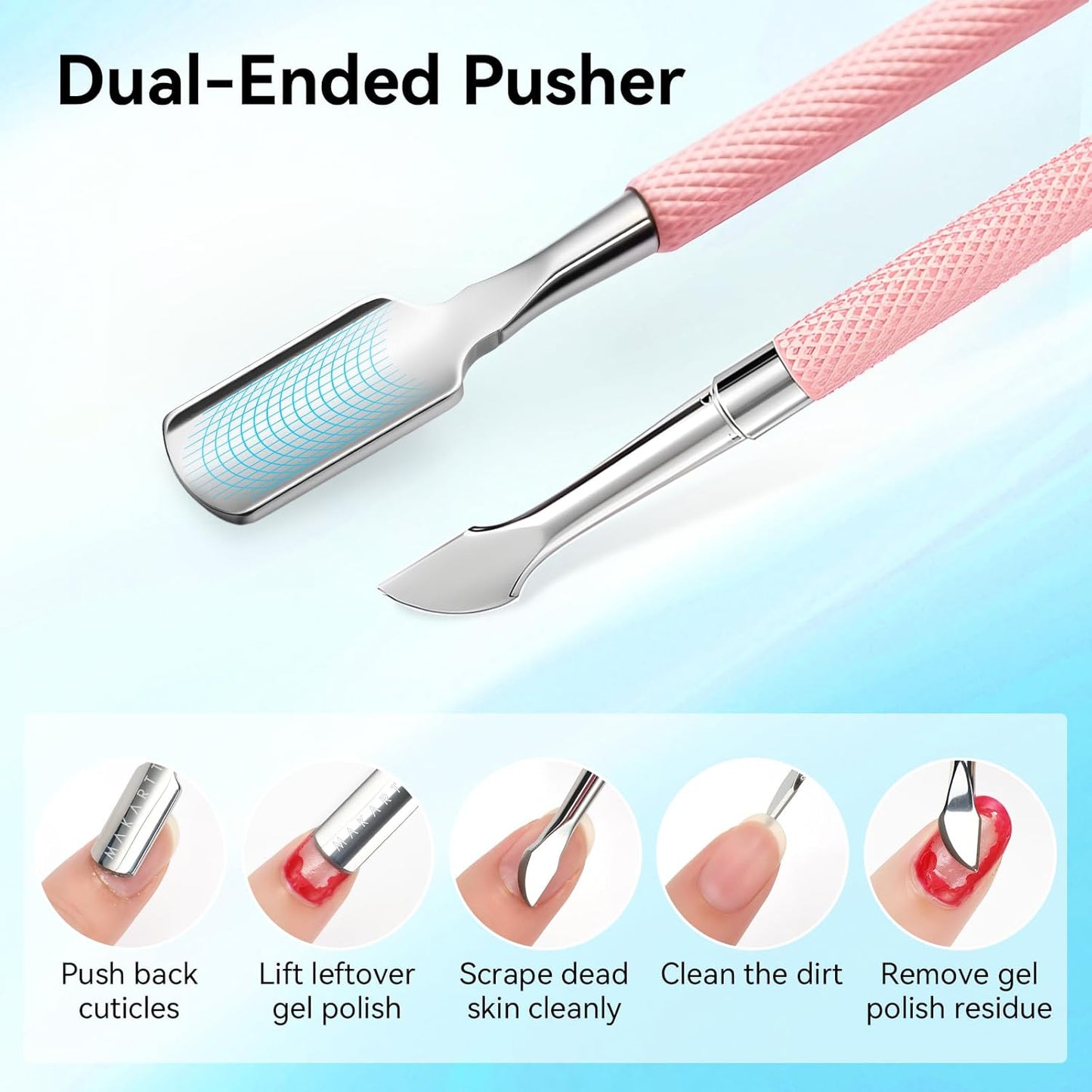 Makartt Cuticle Trimmer with Cuticle Pusher - Stainless Steel Cuticles Nipper with Dual Spring, Ergonomic Handle, 7mm Blade & Dual-Ended Pusher for Nail Care & Gel Removal, Pink