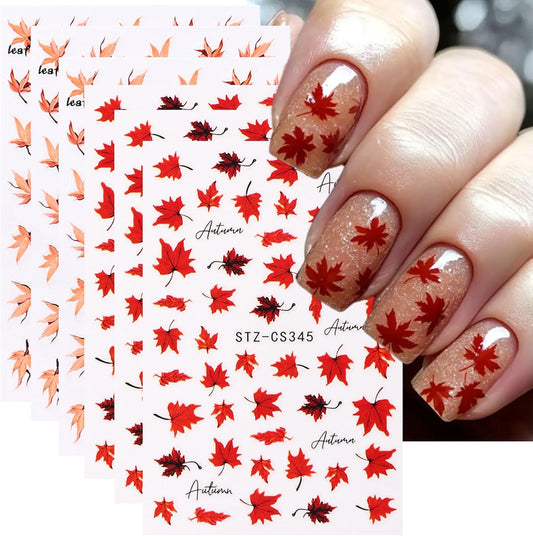 Maple Leaves Nail Stickers 6PCS Fall Maple Leaf Nail Decals 3D Self-Adhesive Red Orange Leaves