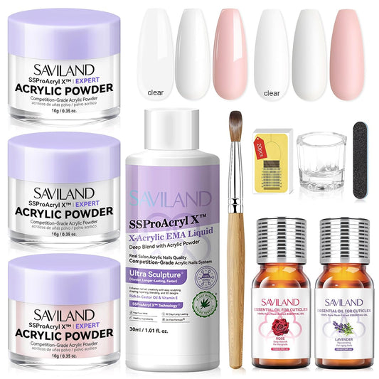 SAVILAND Acrylic Nail Kit for Beginners: White Pink Clear Acrylic Powder and Liquid Set with EMA Acrylic Liquid Monomer Nail Brush Forms Tools and Cuticle Essentials Oil for Nails Home Manicure DIY
