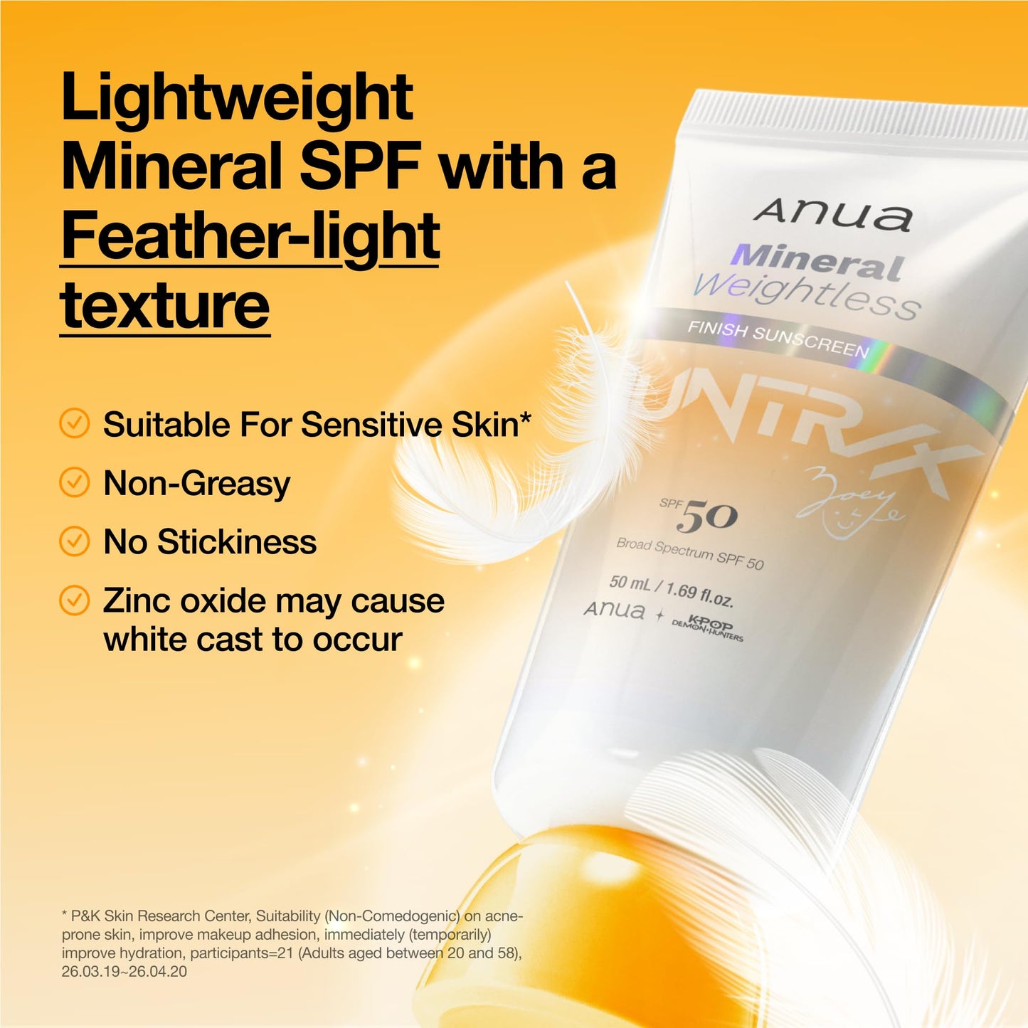Anua Mineral Weightless Finish Sunscreen SPF 50, Broad Spectrum, Zinc-Based for Sensitive Skin