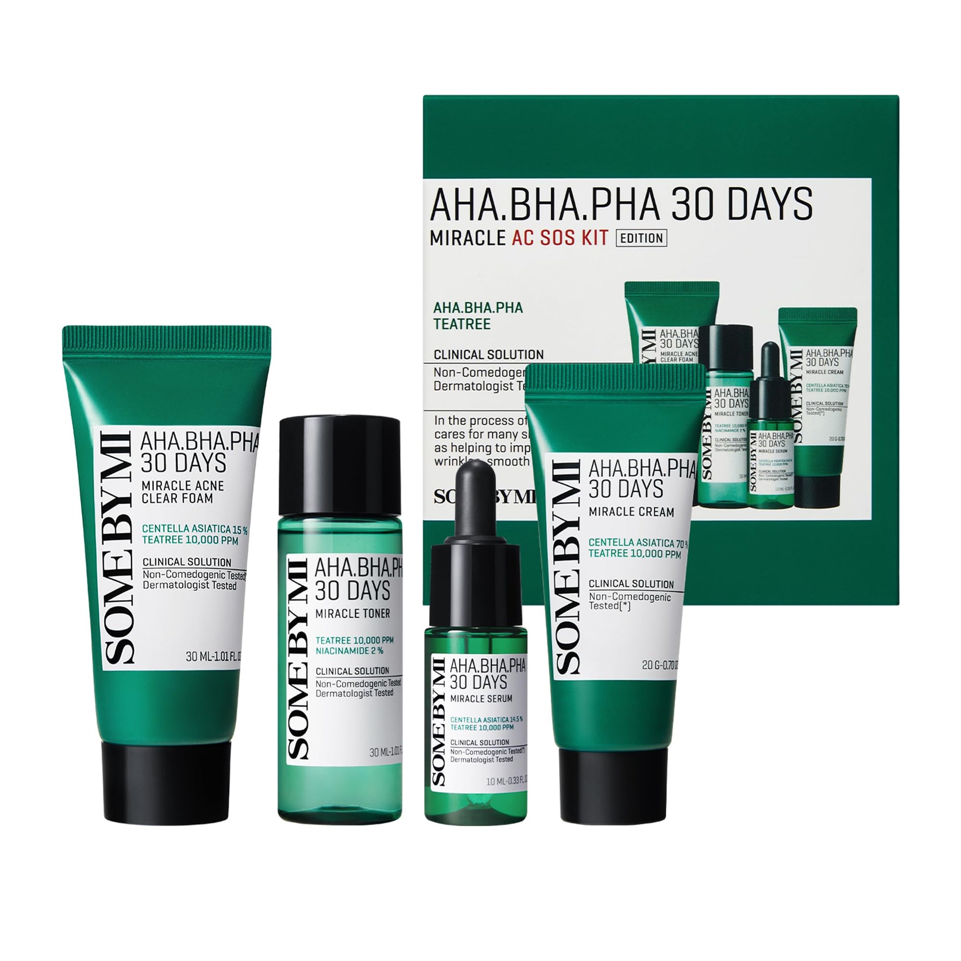 SOME BY MI AHA BHA PHA 30Days Miracle AC SOS Kit - Toner 1.01Oz, Serum 0.33Oz, Cream 0.7Oz, Foam