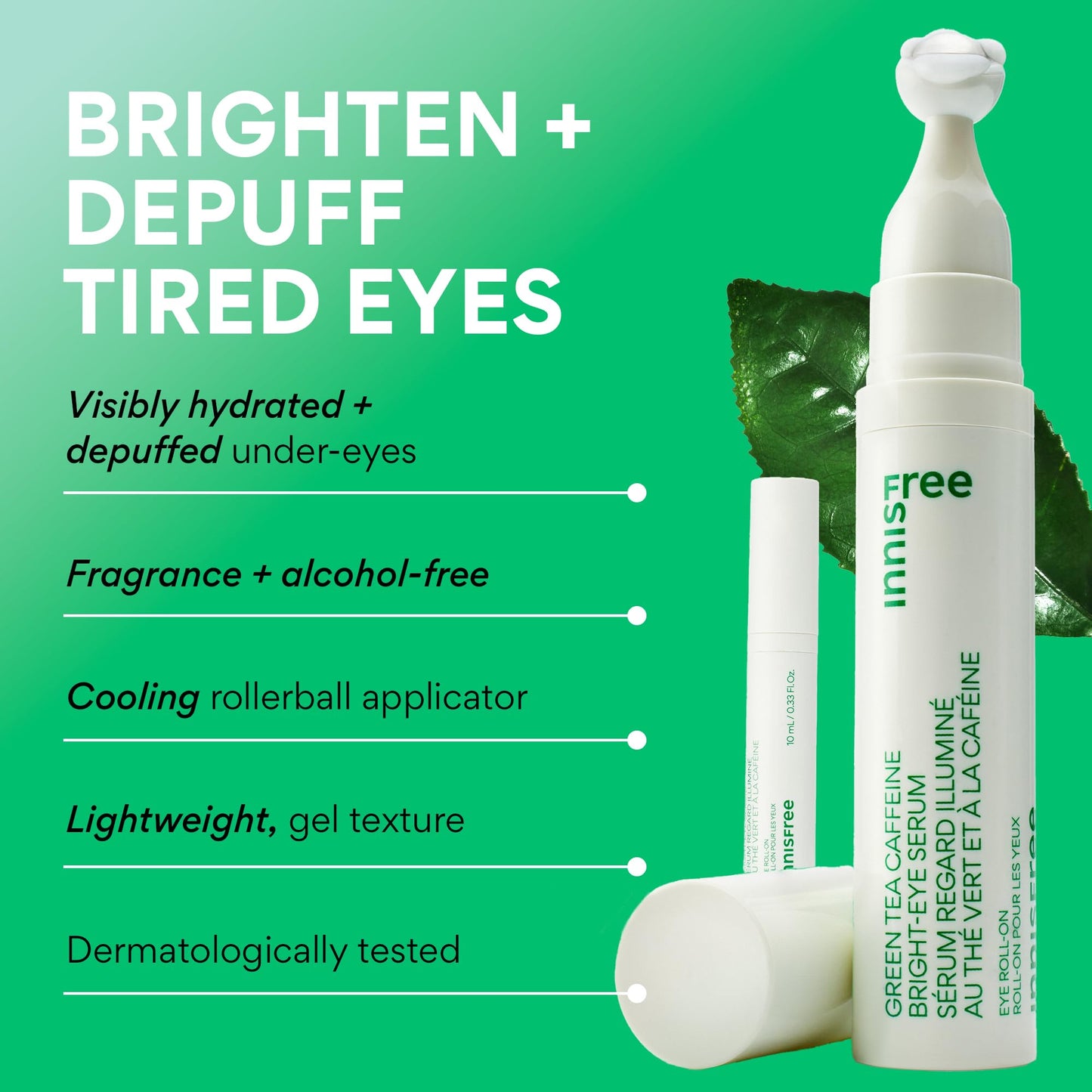 innisfree Green Tea Caffeine Depuffing Eye Serum Roll-On with Niacinamide & Hyaluronic Acid