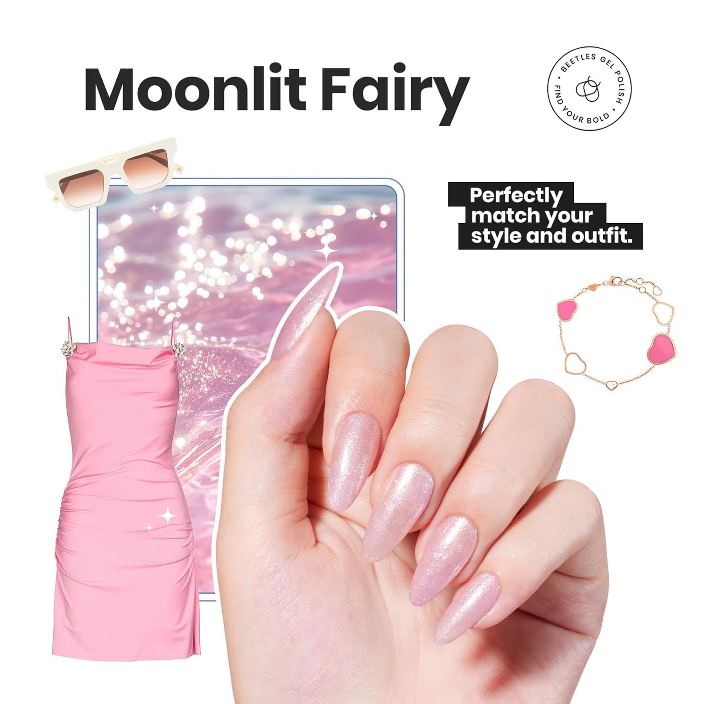 Beetles Pink Nail Polish Set, 6 Colors Glitter Quick Dry Nail Polish Kit Sly Moonlit Fairy Fingernail Polish Gifts for Women Salon DIY Manicure Kit