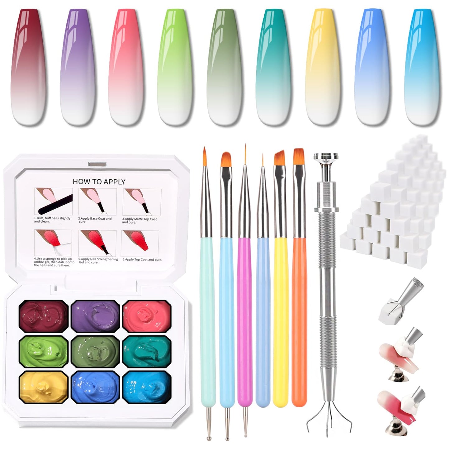 Sponge Pat Paint Nail Gel & Tools Kit, 9 Colors Ombre Nails Gradient Gel Nail Blush Blooming Aura Nails Drawing Stripper Floral Painting Nail Art, No Wipe, UV/LED Curing (9 Colors Set i)