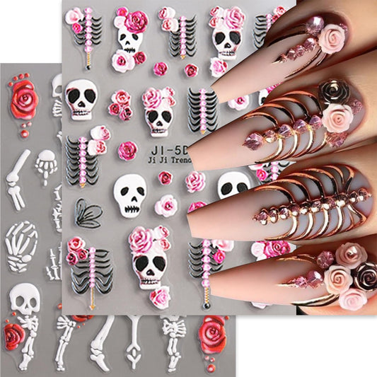5D Embossed Halloween Nail Art Stickers Decals Cute Skull Flower Nail Sticker White Skeleton Nails