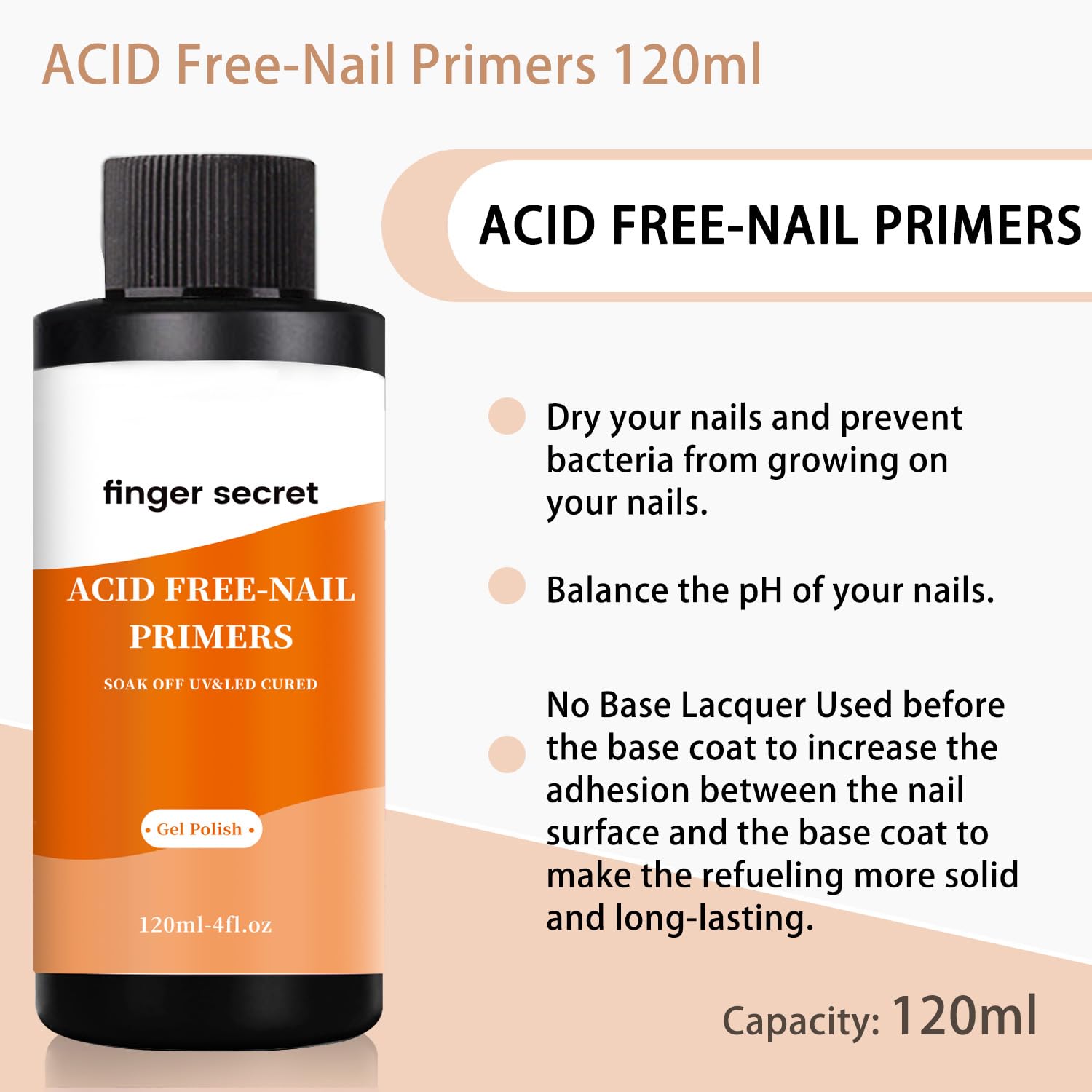 Acid Free Nail Primer,120ml/4fl.oz Acid Free Primer,Fast Air Dry for Gel Nails,Bonding Primer for