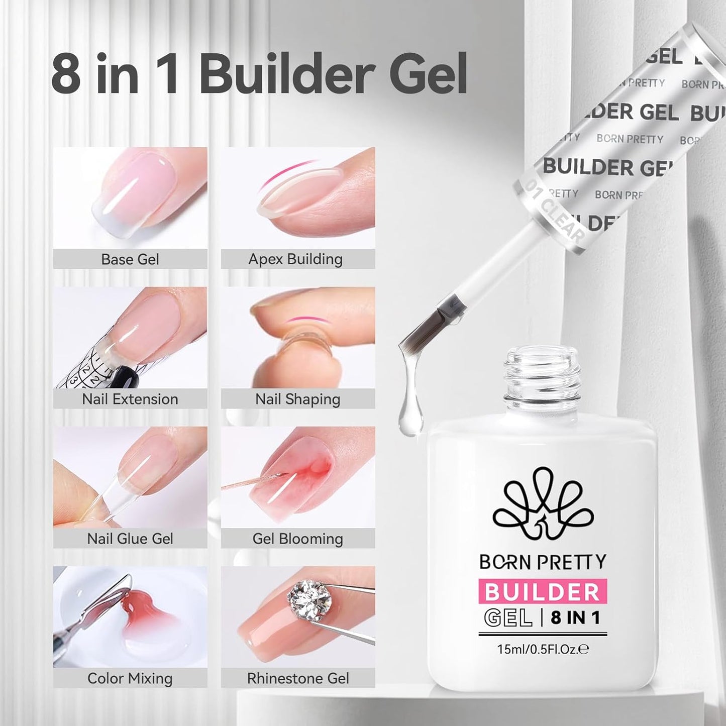 Born Pretty Builder Gel 8-in-1, 2PCS 15ML Clear Builder Nail Gel Set, Transparent Extension Rhinestone Glue for LED Lamp Cured for Nail Thickening