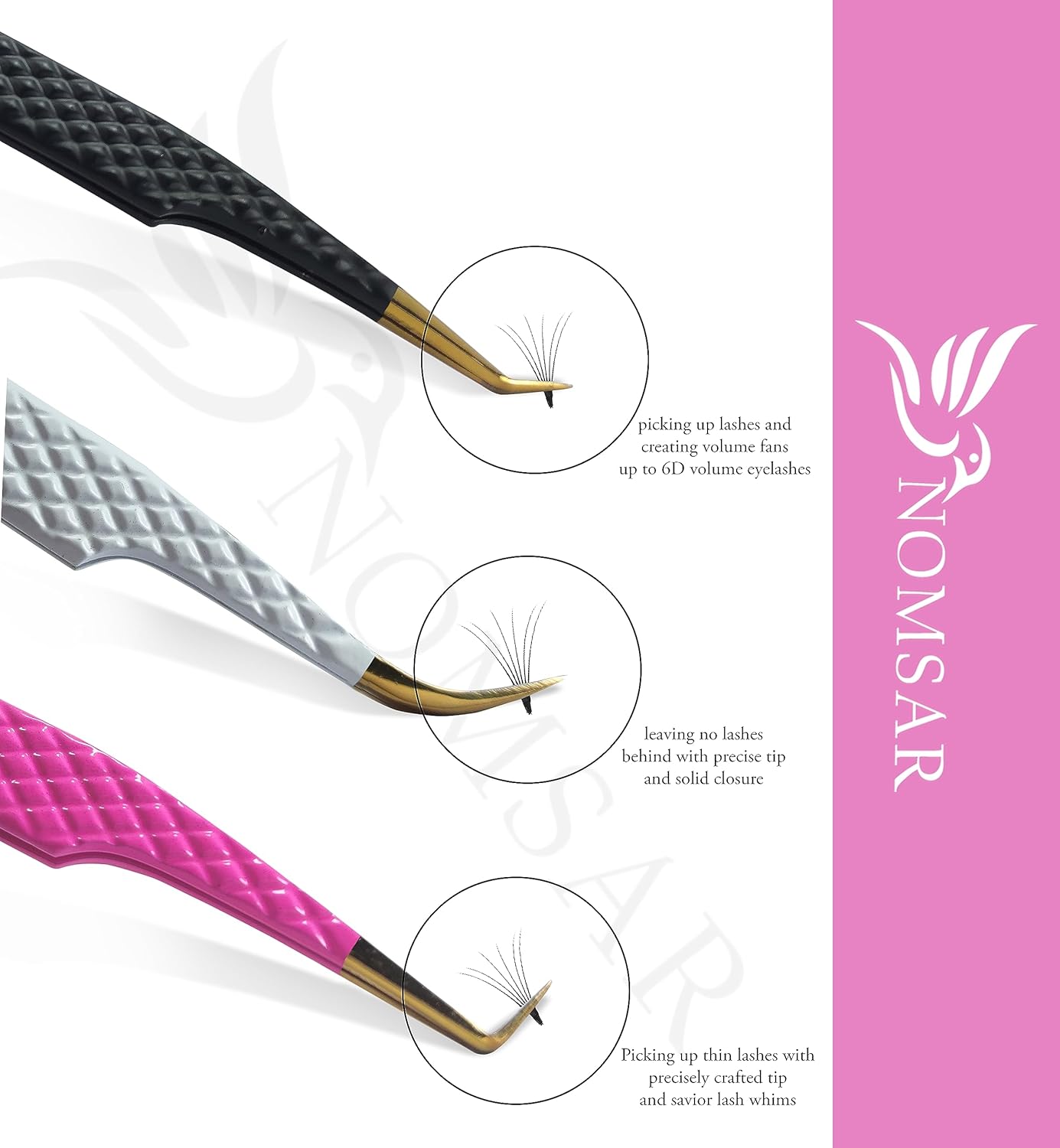 Eyelash Extensions Tweezers, Set of 3 - Stainless Steel with Diamond Grip for Volume lash Extension - Fiber Tip Tweezers for Multipurpose & Application (Black)