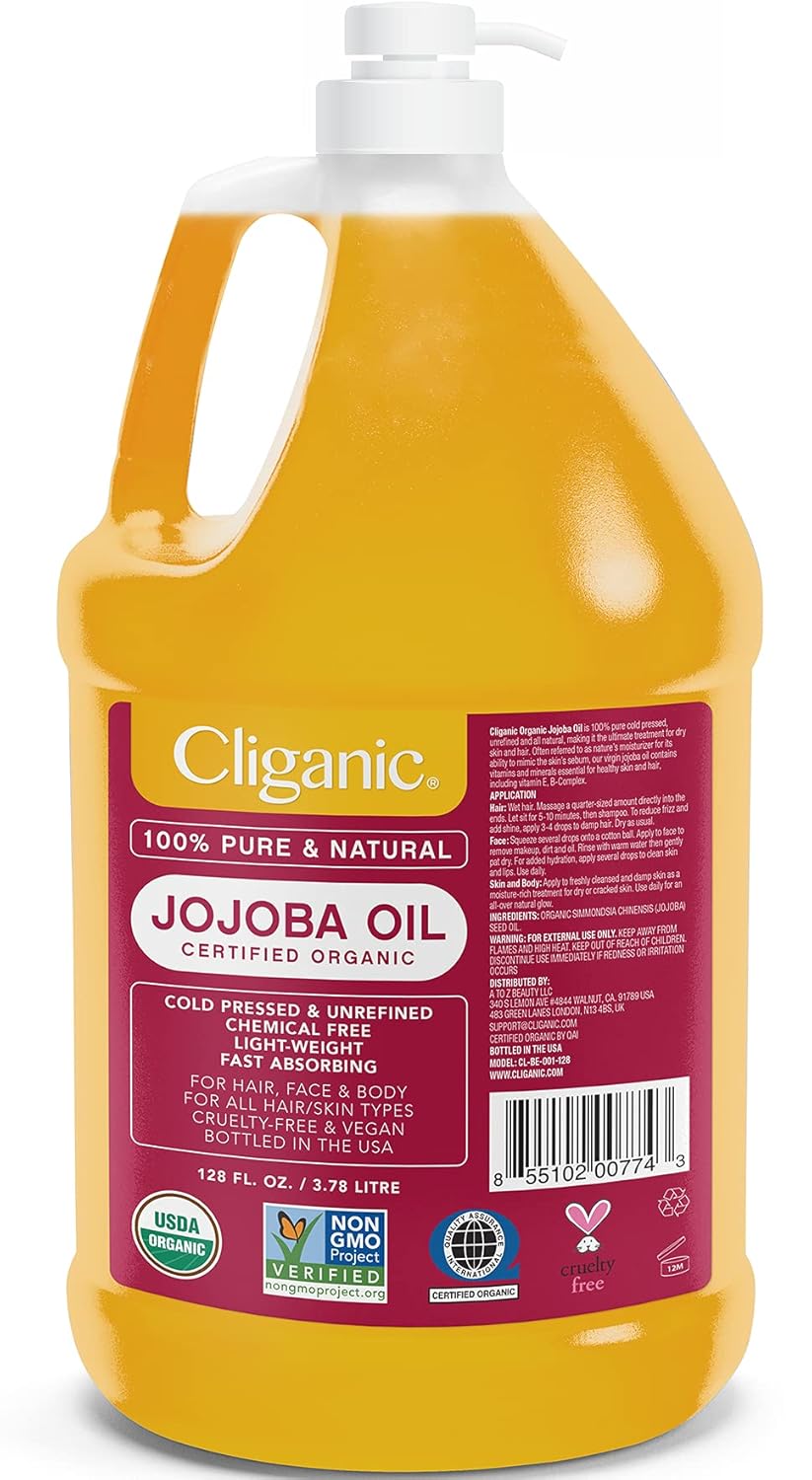 Cliganic Organic Jojoba Oil 128oz with Pump (Gallon Size), Bulk, 100% Pure - Non-GMO
