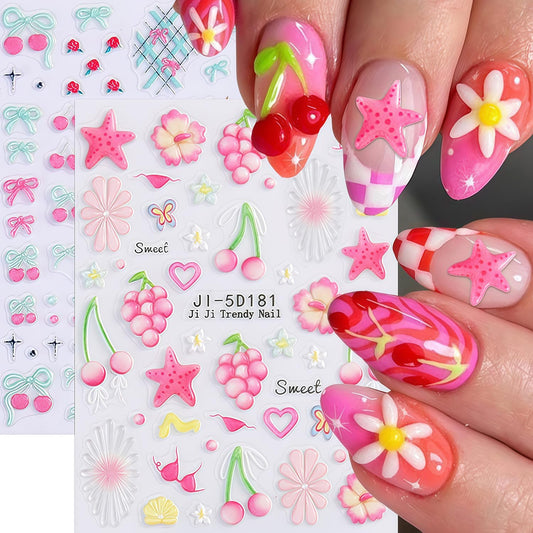 Summer Nail Stickers for Nail Art 5D Embossed Flower Butterfly Bow Heart Cherry Starfish Ocean