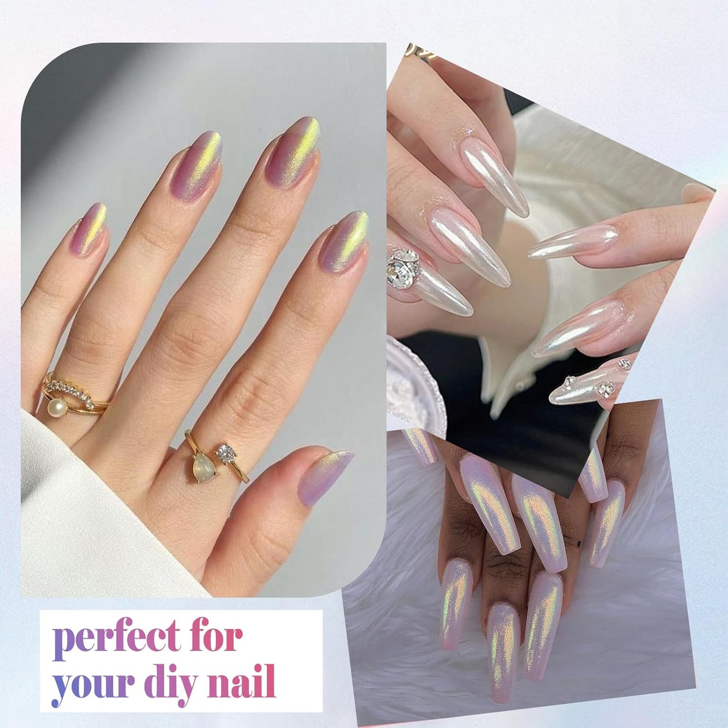 SIUSIO White Pearl Chrome Nail Powder, 3pcs Iridescent Aurora Powder Metallic Mirror Effect Pigment Pearlescent Mermaid Pigment for Nail Art Manicure Decoration Sets