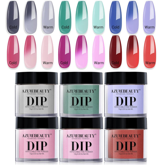 AZUREBEAUTY Color Changing Dip Powder Nail Set, Blue Green Pink Red Grey Trend Ombre Cold Warm Temperature Mood French Nail Art Manicure DIY Salon Gifts, No Need Nail Lamp Cured 6 PCS