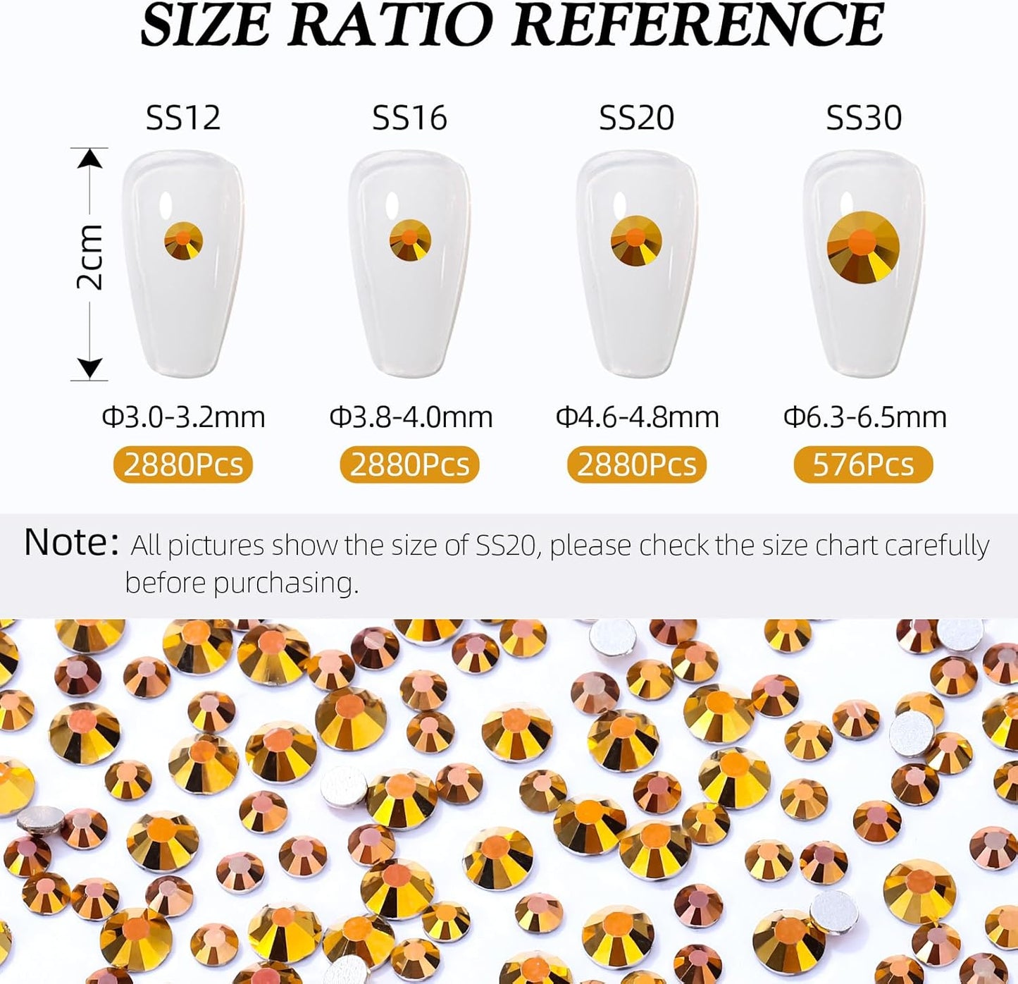 Gold Flatback Rhinestones, Glass Rhinestones for Nail Art and Craft, Glue Fix, Loose Crystal Gemstones(Gold, SS12, 2880pcs, 2.9-3.0mm)