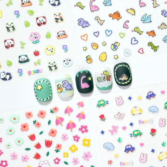 4 Sheets of 3D Nail Stickers - 292 Cute Nail Decals - Embossed Nail Stickers for Kids | Kawaii