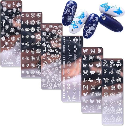 WOKOTO 6Pcs Nail Polish Stamping Plates Kit Flower Butterfly Rose Snowflake Image Templates