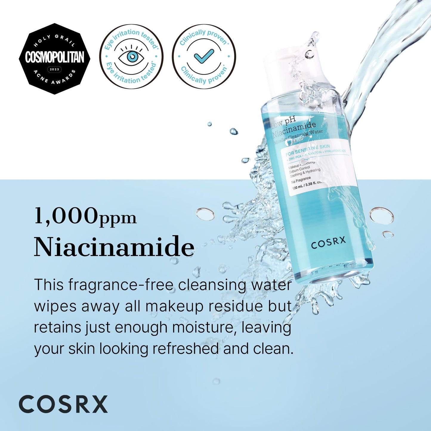 COSRX Low pH Niacinamide Cleansing Water for Sensitive Skin, 3.38 fl.oz