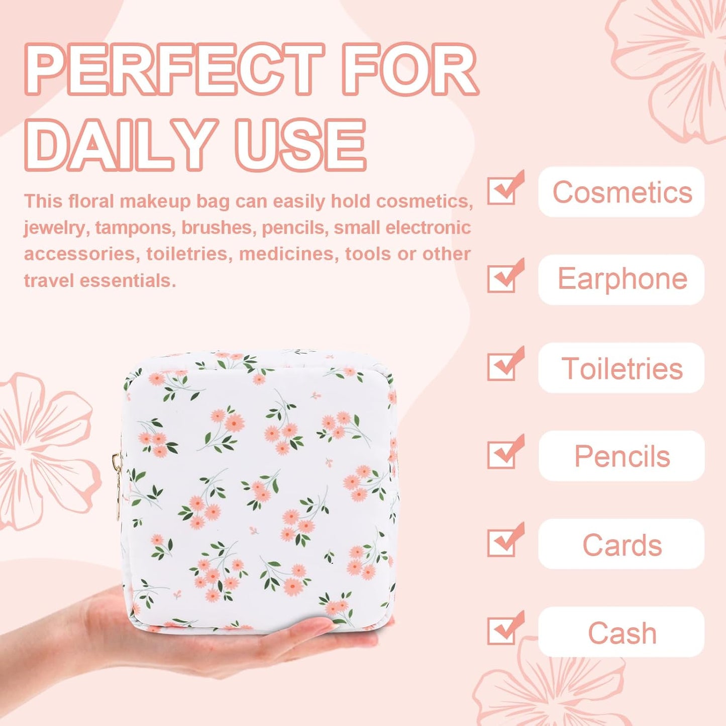 Waterproof Mini Floral Makeup Bag Pouch for Purse,Nylon Flower Cosmetic Travel Bag Small Preppy Toiletry Organizers Bag for Women Girl,Cute Zipper Pouch Coin Purse for Work(Mini White-Flowers)