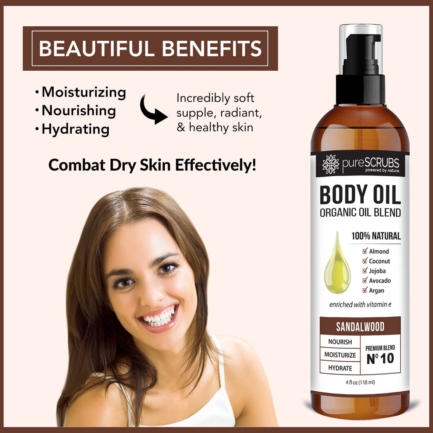 pureSCRUBS Ultra Moisturizing Sandalwood Body Oil Spray For Dry Skin, Massage, Cuticles & More, Organic Blend of Jojoba, Argan, Coconut, Sweet Almond & Avocado Oils Enriched with Vitamin E, Lg 4oz