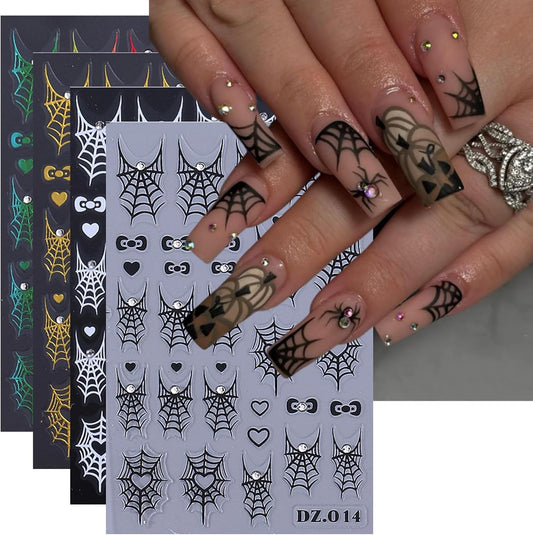 4 Sheets Halloween Spider Web Nail Art Stickers 5D Embossed Halloween Nail Decals with Rhinestone