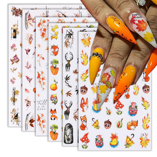 6Sheets Fall Nail Art Stickers Gold Yellow Maple Leaf 3D Self-Adhesive Nail Decals Cute Squirrel