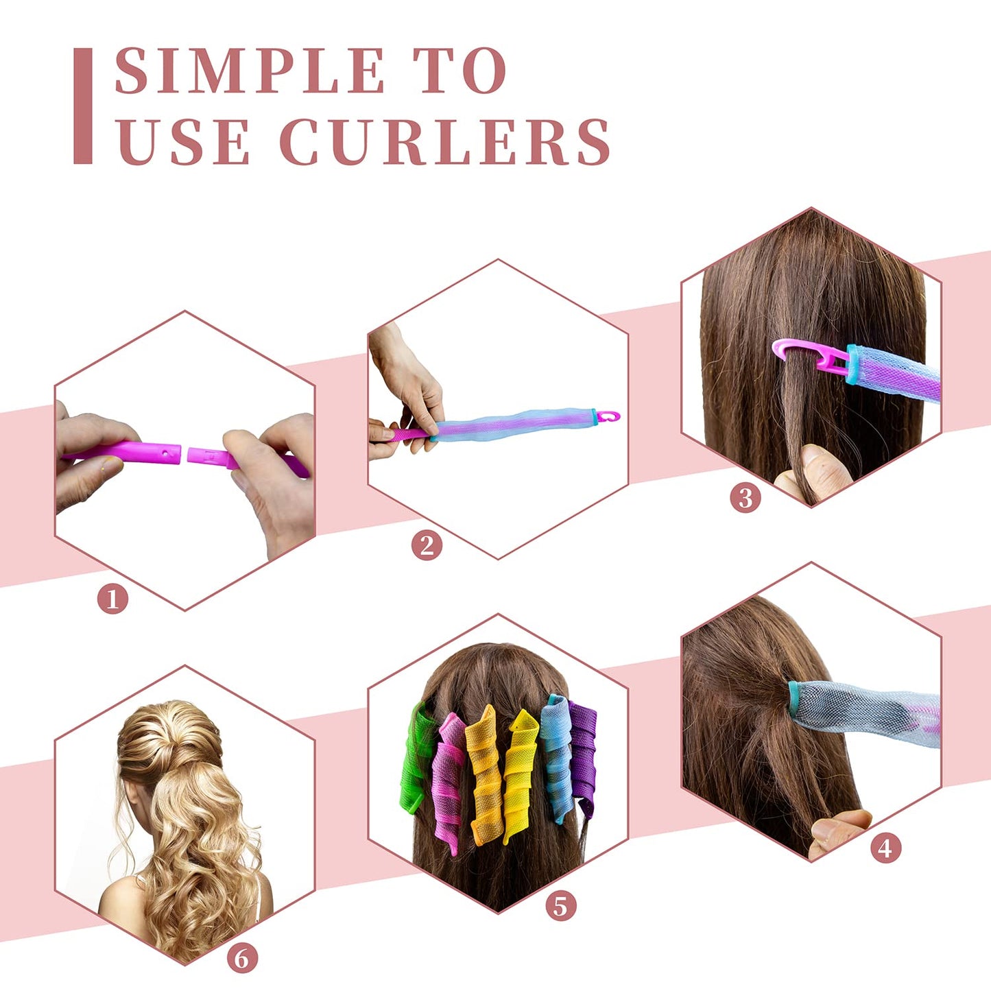 60pcs Heatless Hair Curlers Rollers Spiral and Wave Styling Kit with 2 Sets Styling Hooks,No Heat Curlers for Women Girl's Medium and Long Hair (17.8 Inch/45 cm)
