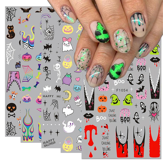 5 Sheets Halloween Nail Art Stickers 3D Self-Adhesive DIY Nail Decal with Cute Ghost Pumpkins Skull