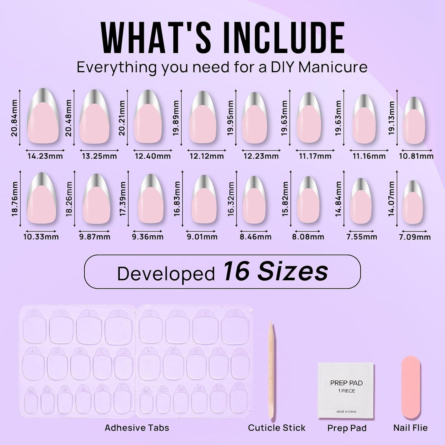 French Tip Press On Nails - BTArtbox 30 PCS Almond Fake Nails, Fit Perfectly & Natural Reusable Silver Outline Soft Gel Nails with Nail Glue and Jelly Glue in 16 Sizes, Rock Me