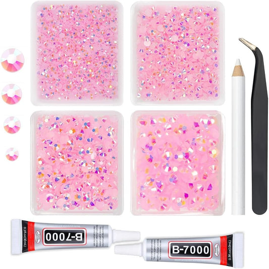 Light Pink AB Resin Rhinestones w B7000 Jewelry Glue for Bedazzling Crafting 3mm 4mm 5mm 6mm Flatback Jelly Stones Bulk Diamonds Crystals Gems Charms for Nails Face Eyes Makeup Tumblers