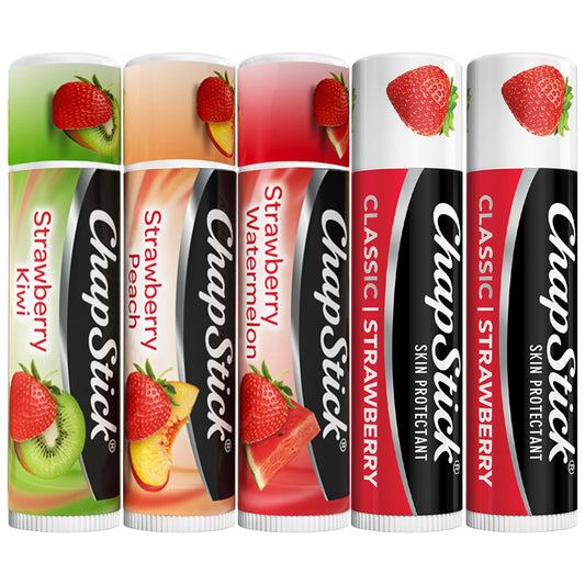 ChapStick Strawberry Lip Balm 5-Pack – Remix 3-Pack + Original 2-Pack, Sweet & Fruity Moisturizers for Dry Lips, 0.15 Oz Ea