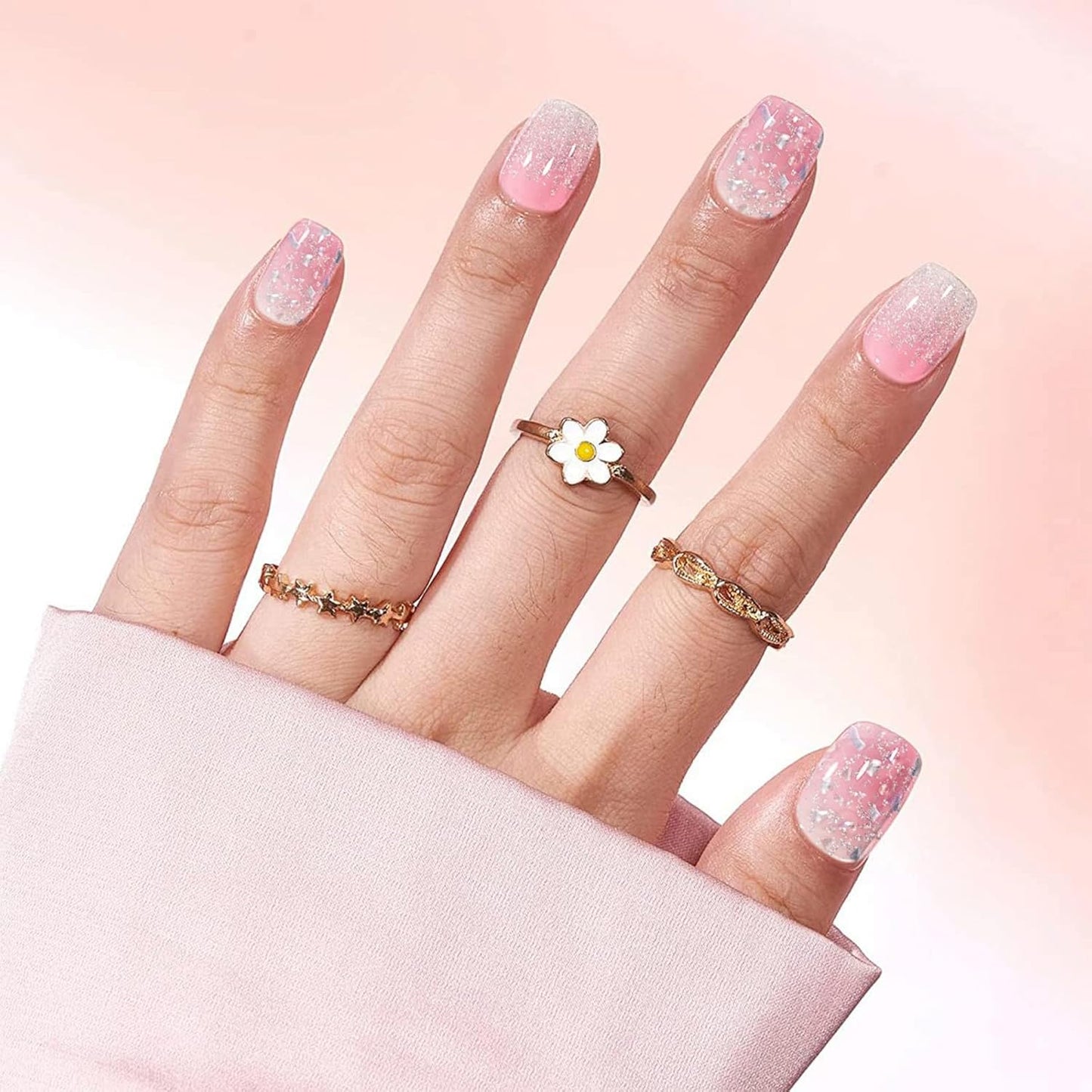 Gloss Nail Strips|Uv Free|22 Pcs,Gel Nail Stickers|Long Lasting Two Weeks and Easy to Apply&Remove|Pink Sequins 1