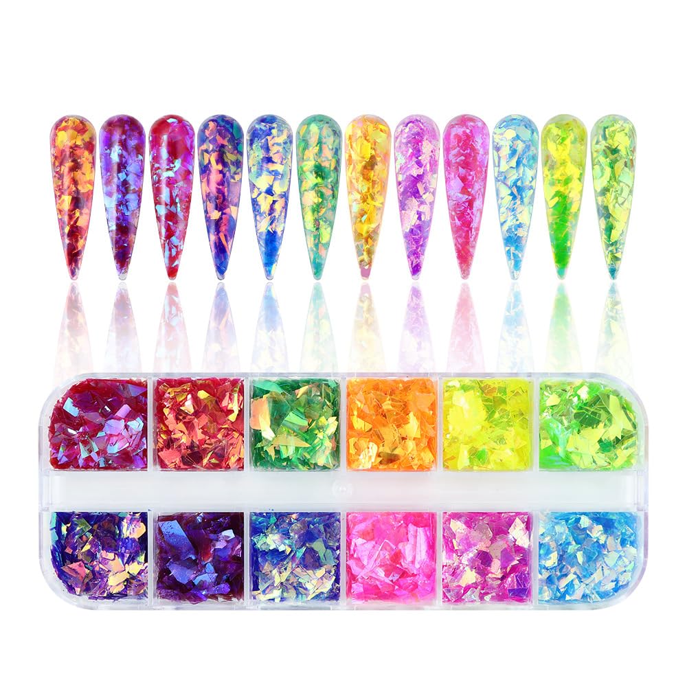 12Grids Holographic Mermaid Colorful Nail Art Glitter,Irregular Rainbow Candy Color Nail Art Flakes Sequins Gradient Bright Ice Slag Nail Sequins Summer Metallic Foil Nail Supplies DIY Nail Decoration