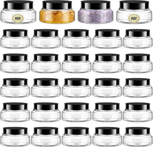 Tessco 24 Pack Plastic Jars with Lids Labels Empty Clear Plastic Jars Round Refillable Cosmetic Containers Body Butter Containers Bulk Sugar Scrub Bottle for Make Up(5 oz,Clear, Black)