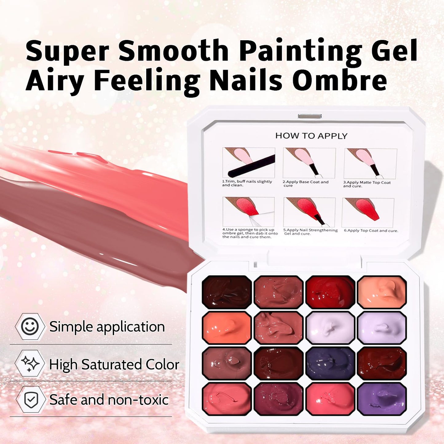 Sponge Pat Paint Nail Gel, Ombre Nails Gradient Gel Nail Blush Blooming Aura Nails Drawing Stripper Floral Painting DIY Nail Art, No Wipe, UV/LED Curing (16 Colors F)