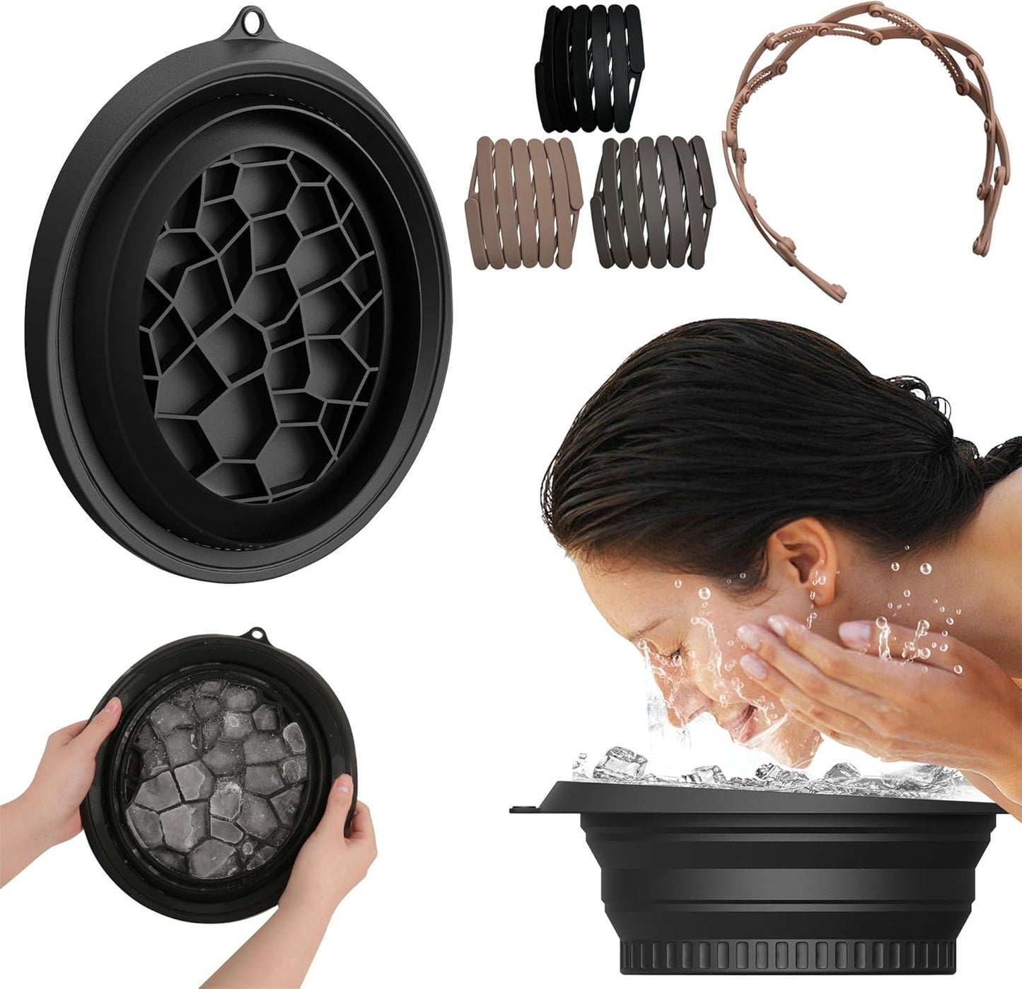 Face Ice Bath Bowl Silicone Face Ice Bath Ice Facial Folding Washbasin with Built-In Ice Tray and 3 foldable hair bands, Foldable & Portable Bowl for Home Ice Water Facials (Black)