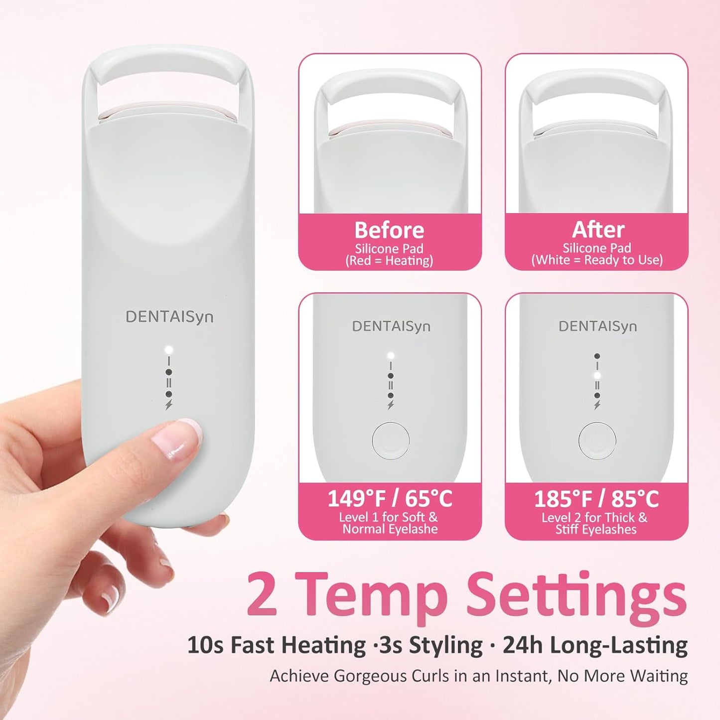 Heated Eyelash Curler - Electric Eyelash Curler with Heat Sensitive Silicone Pad, Type-C Rechargeable Mini Lash Curler, 10s Fast Heating 24hrs Long Lasting Lash Lift to Style Natural Eyelashes