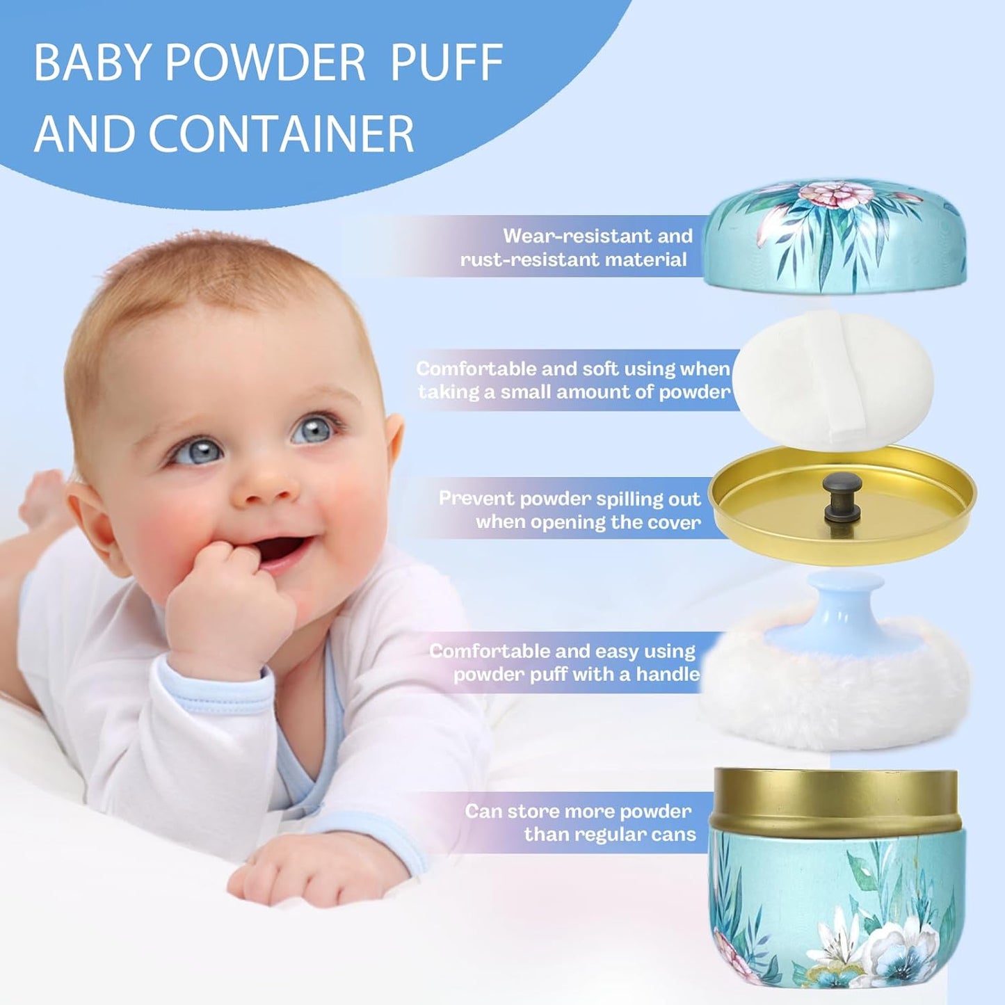 SHIMIDO Body Powder Puff and Container, 3.15" Portable Empty Body Powder Container for Baby Women's Loose Dusting Powder, Powder Case Box with Lids for Bath, Travel and Home Use (Big Flower)