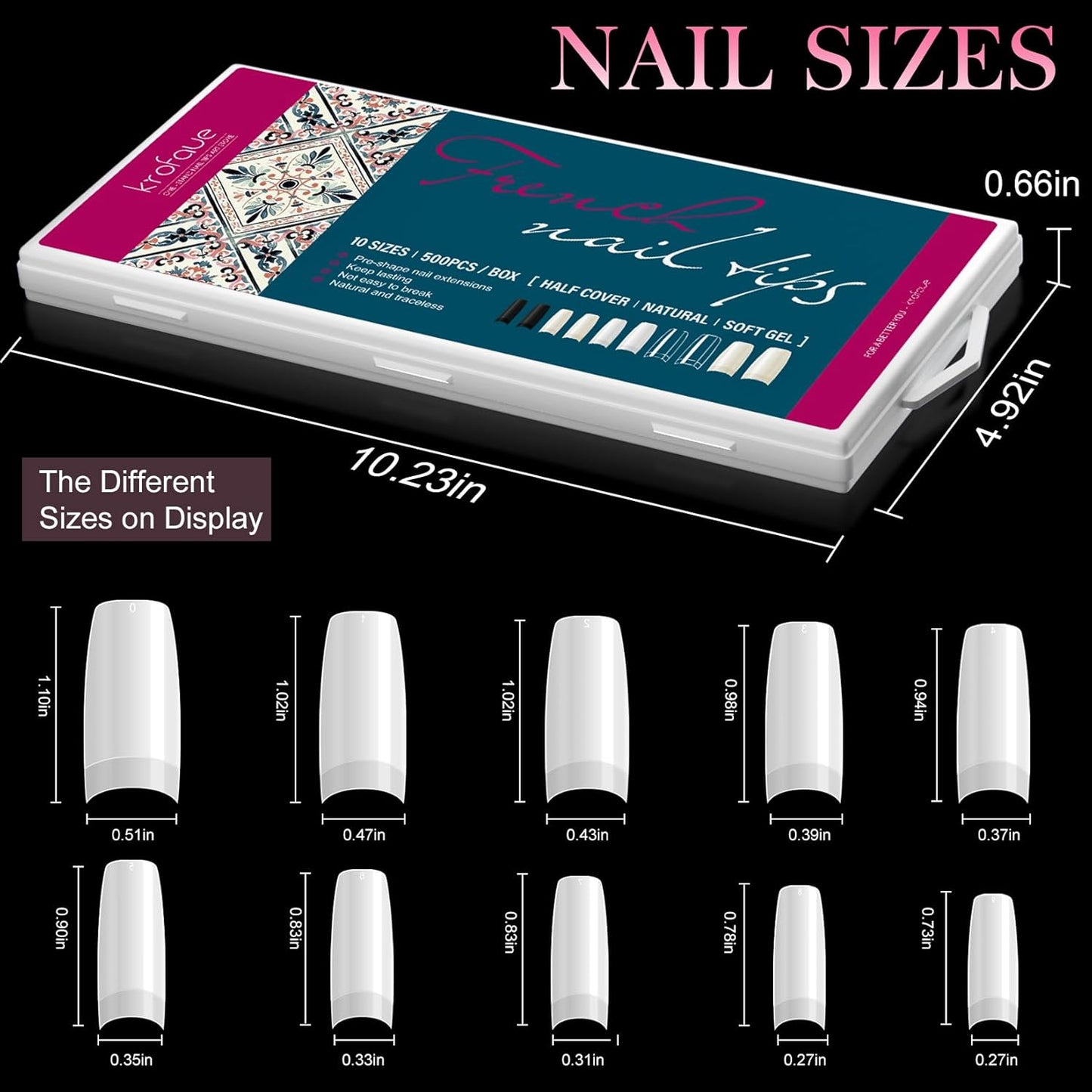 krofaue 500PCS False Nails Tips Lady French Style Acrylic Artificial Tip Manicure Half Cover with Box of 10 Sizes for Nail Tips Art Salons and Home DIY (White)
