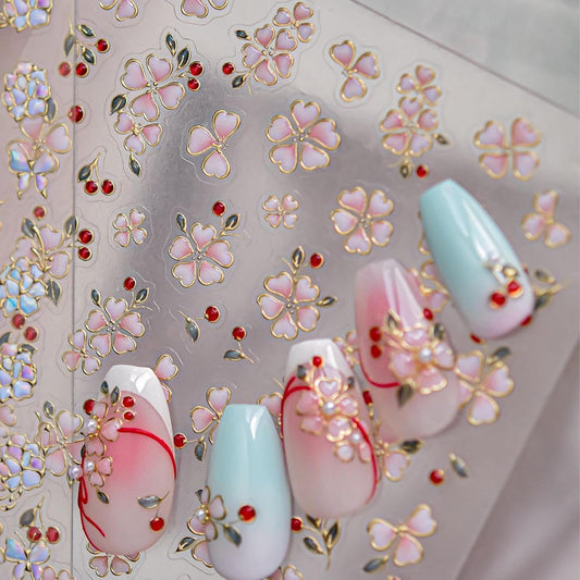 Flower Nail Stickers Pink Nail Art Stickers Jerry Nail Decals with Red Design Floral Nails Art
