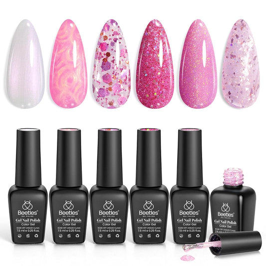 Beetles Pink Gel Nail Polish Set - 6 Colors Shimmer Nail Polish Nail Kit Hot Pink Pearl White Glitter Color Gel Pink Reverie Collection Soak Off Uv LED Nail Lamp Gift for Women & Girls