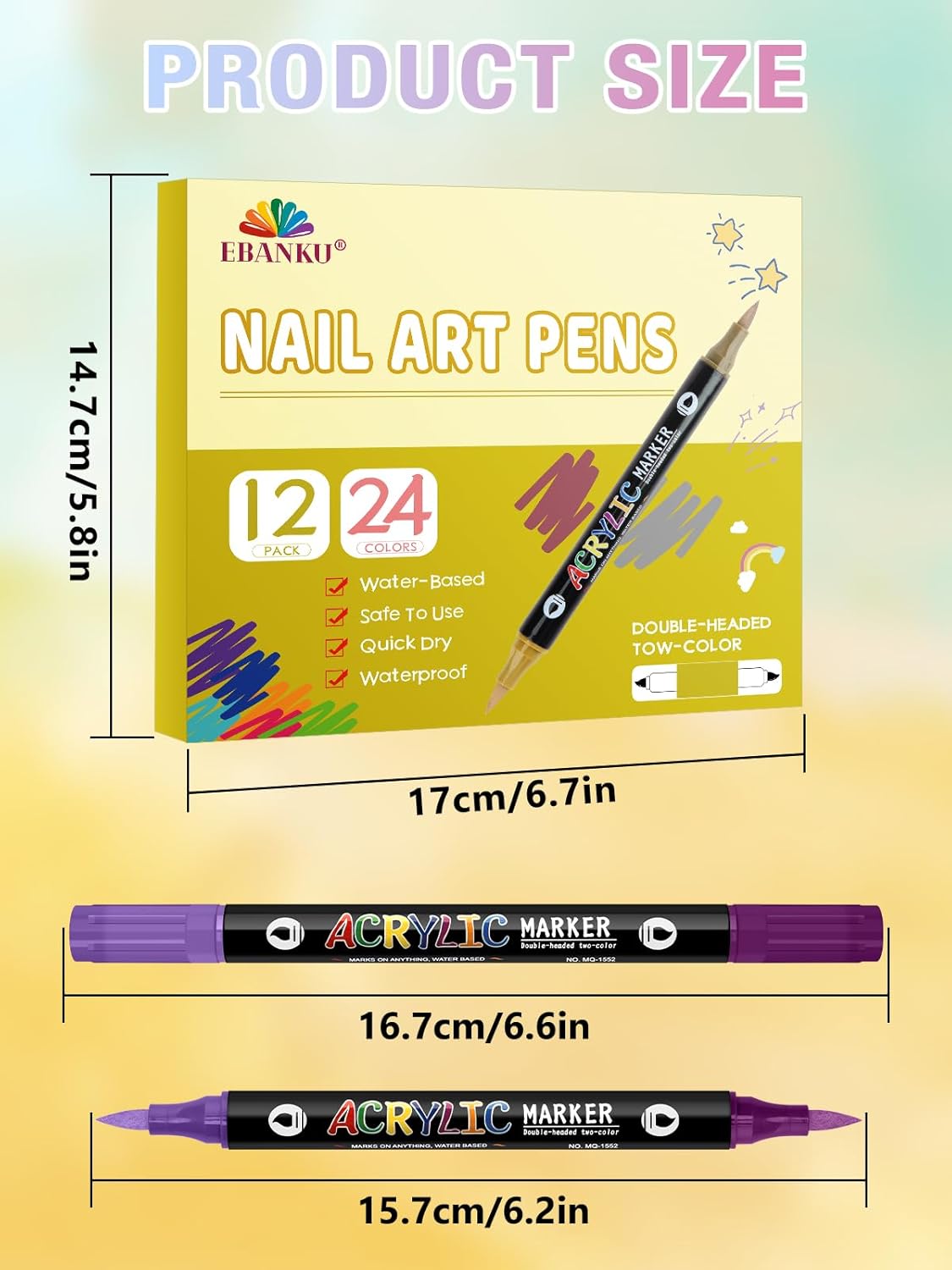 EBANKU 24 Color Nail Art Pens Set 3D Acrylic Paint Nail Art Quick-Drying Nail Point Dotting Liner Pen Sets for Home & Salon Nail DIY, 12 Count Double Headed Nail Pens
